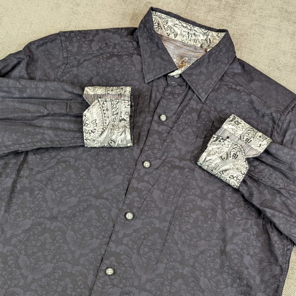 Robert Graham Shirt Mens S Black Button Down Damask Jacquard Flip Cuffs Luxury